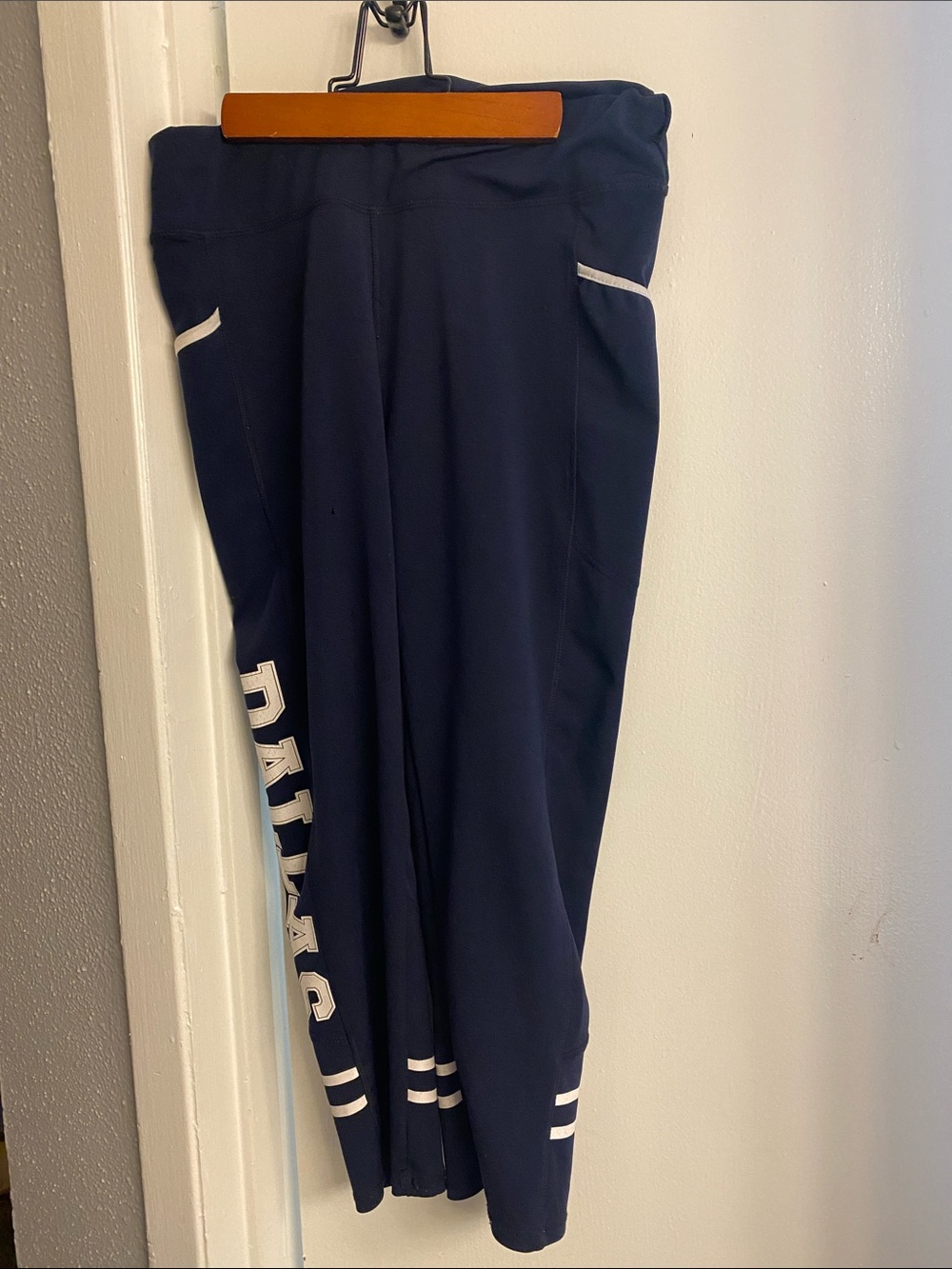 Navy womens Athletic Leggings with 'DALLAS' Side Graphic